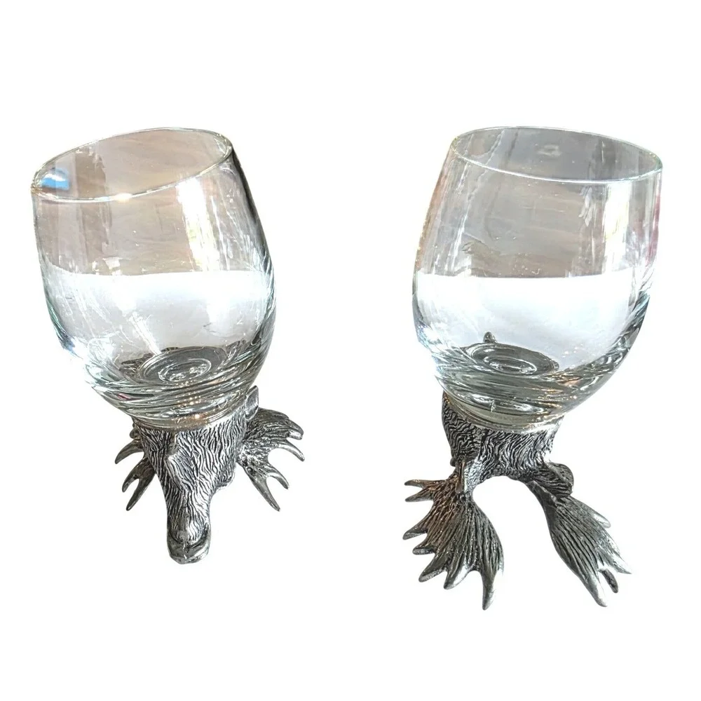 Shot Glass Set Moose Head Pewter Base Cabin Decor Silver Clear